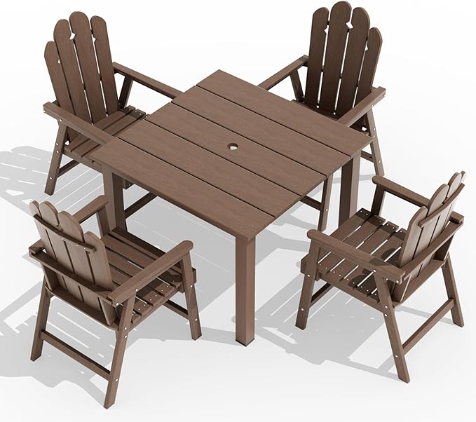 5 Piece Patio Dining Set for 4, HDPE Outdoor Dining Furniture Brown | 4 person patio set, eco-friendly HDPE, Space-saving heat resistant surface, family friendly outdoor dining solution