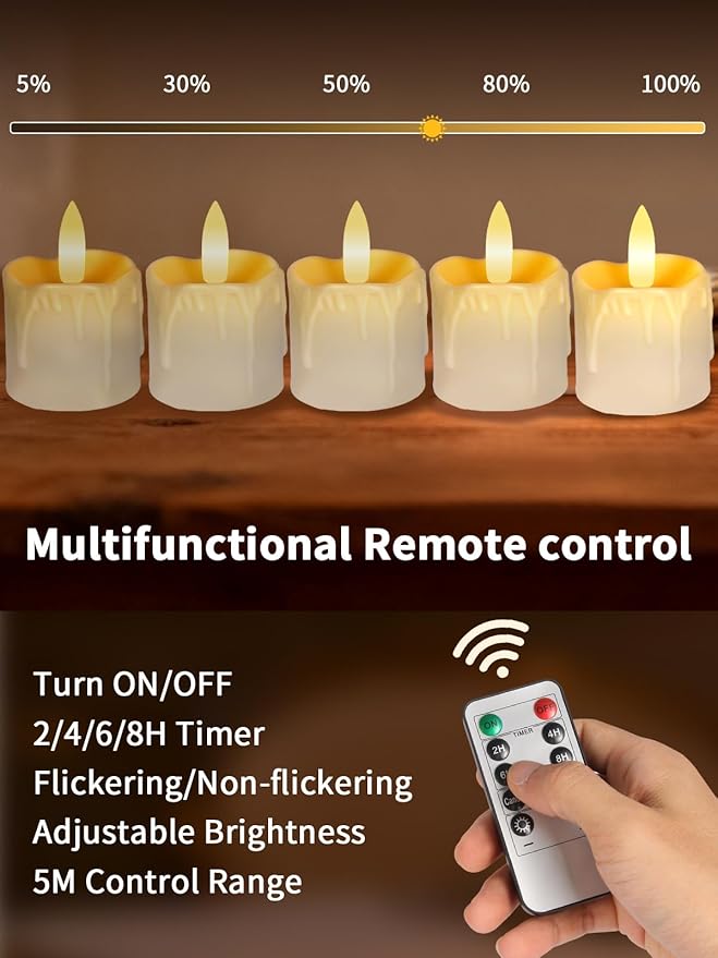 Rechargeable Flameless Tea Light Candles with Remote, 1.5"x2.2" Dripping Fake Electric Flickering Votive Candles for Anniversary Wedding Table Centerpiece Halloween Christmas Decor, Ivory White 6 pack