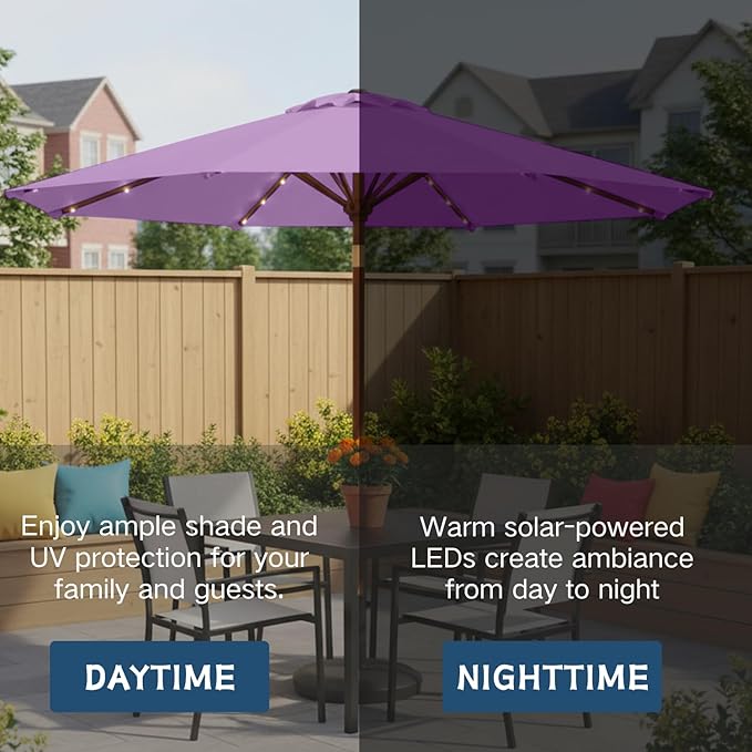 9' Solar LED Patio Umbrella with Tilt & Crank|8 Sturdy Ribs,UV Protection,Outdoor Market Table Umbrella for Deck,Lawn,Pool,Backyard(Taro Purple)