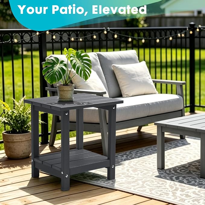 Outdoor 2-Tier Square Side Table, Adirondack Weather Resistant Patio End Table, Low Maintenance HDPE Accent Table for Backyard, Pool, Porch, Deck, Gray