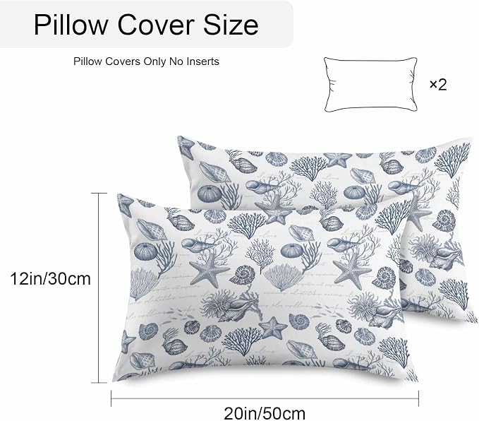 Waterproof Throw Pillow Covers for Couch Patio Living Room Furniture Garden Balcony, Ocean Sea Marine Life Coral Conch Navy Blue Rectangle Cushion Cases Home Decorations, 20 x 12 Inch Set of 2