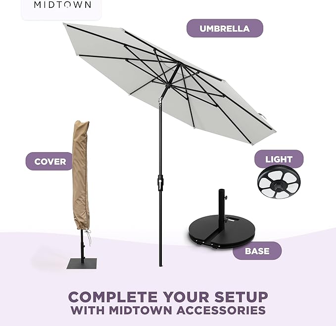 The Swilt 9 Feet Outdoor Umbrella With Terylast Off Cream (Off White) Polyester Fabric - Fiberglass Ribs, Auto-Tilt And Swivel Aluminum Frame Patio Umbrella For Deck, Garden, Pool - Black Pole