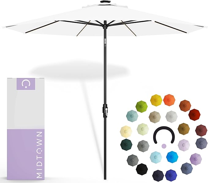 Midtown Umbrellas The LED Swilt 8 Feet Patio Umbrella With Terylast Ivory (White) Polyester Fabric - Auto-Tilt Aluminum Frame With LED Lights For Backyard, Deck, Garden, Pool - Black Pole
