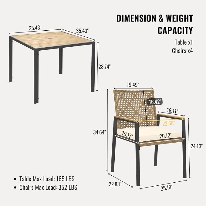 5 Piece Outdoor Dining Table for 4, 35" Dining Table with Umbrella Hole & Stackable Chairs for Patio, Deck,Patio Dining, Outdoor Dining Table Chair, Conversation Set, Patio Furniture Set, Yellow Color