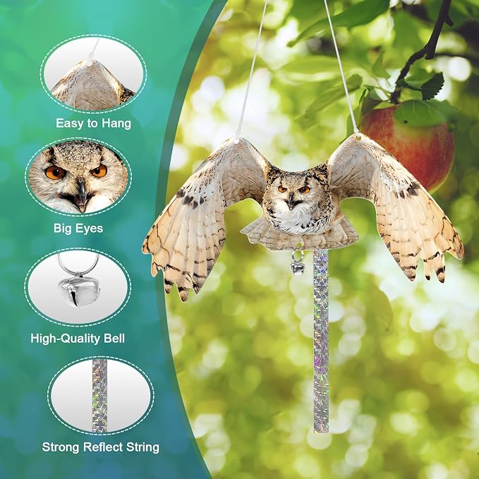 Owls to Keep Birds Away: 2Pcs Fake Owl with Reflective Tape for Garden Patio, Reflective Hanging Decoration to Keep Birds Pigeon from Windows Tree