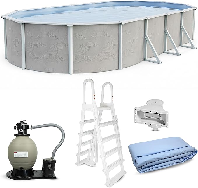 Blue Wave Belize 15x30-ft Oval 52-in Deep Hard Sided Steel Wall Above Ground Pool with 6-in Steel Top Seats, Dual-Speed Sand Filter System, Ladder, Skimmer & Liner – 9,900 Gallon Cap for Family Use