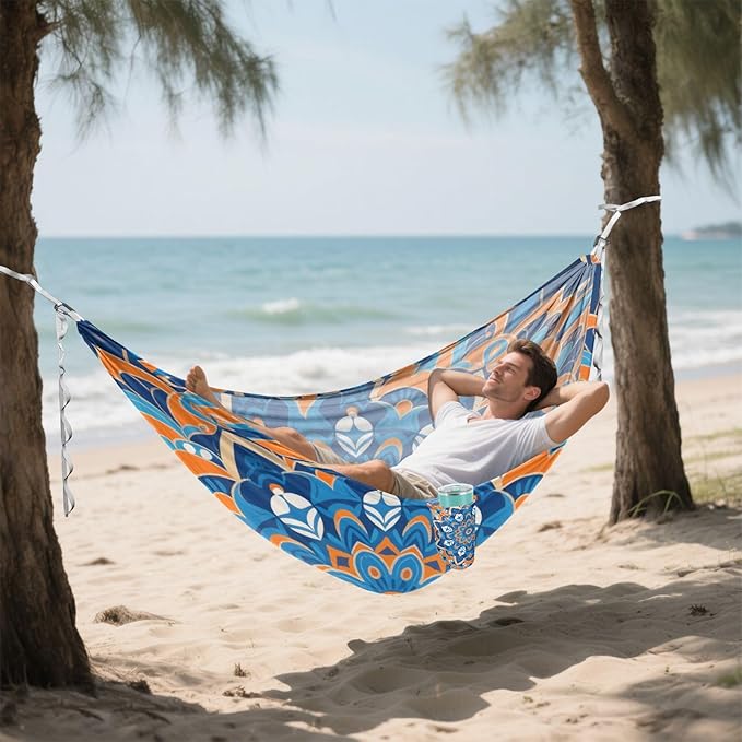 Bohemian Orange-Blue Patterns Outdoor Hammock with Portabl Carry Bag Swing Hammock for Indoor Outdoor Patio