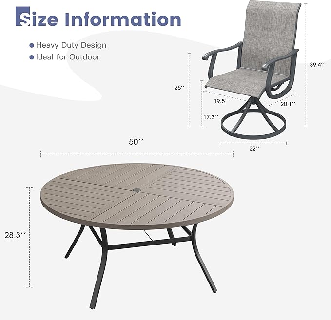 VICLLAX 7 Pieces Patio Dining Set, Patio Furniture Set of 6 Patio Swivel Dining Chairs and 50" Patio Spliced Round Tabletop, Grey Chairs & Antique Grey Tabletop