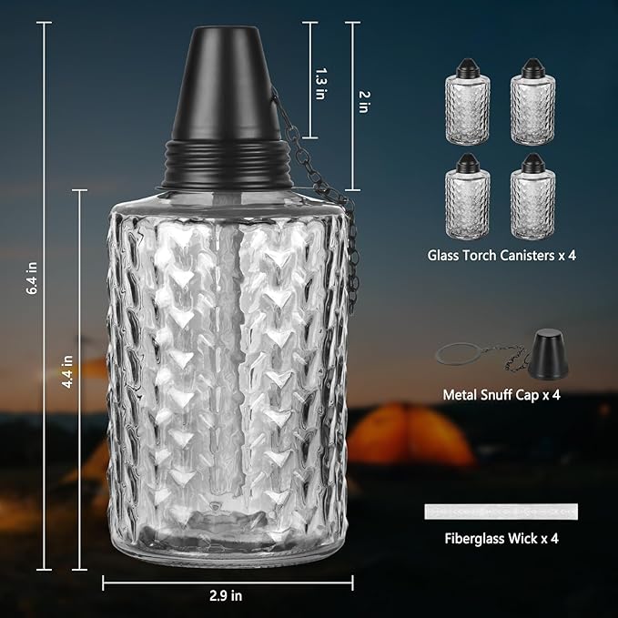 Table Torch Canister 4 Pack, 12oz Glass Citronella Torches Outdoor Lighting, Refillable Tabletop Torch Includes Wick & Cap for Outside Patio & Backyard Parties Décor (Black)