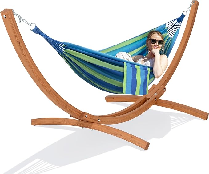 SUNCREAT Hammocks Double Hammock with 10 ft Wooden Stand Included, Outdoor Hammocks for Outside, 475 lbs Capacity, Green