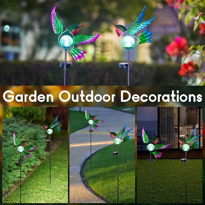 Hummingbird Solar Garden Lights with Stake 2 Pack,Bird Pathway Solar Outdoor Crackle Glass Globe Light for Garden,Walkway,Pathway,Yard,Lawn
