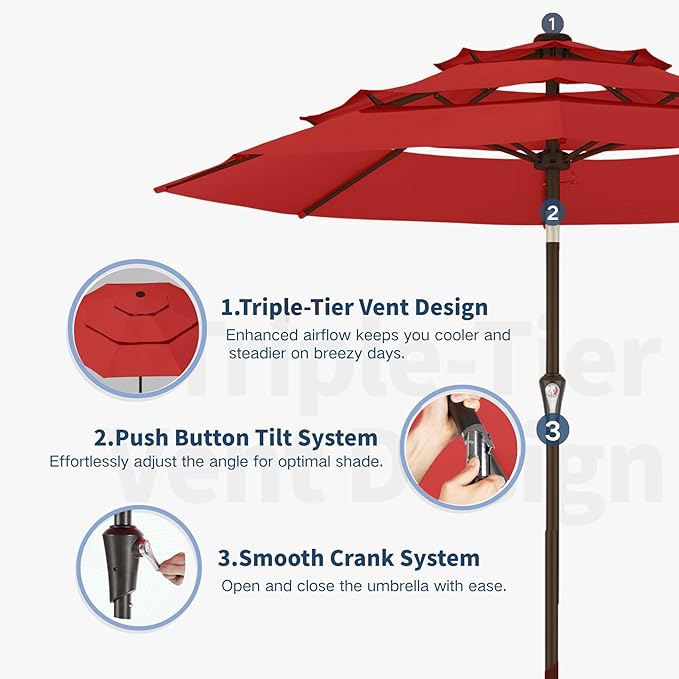 10FT Patio Umbrella 3 Tiers Outdoor Market Umbrella w/Push Button Tilt, Crank, UV and Waterproof Table Umbrella for Garden, Pool, Backyard, Deck, Lawn, Red