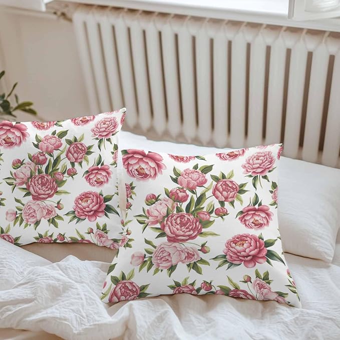 Vandarllin Outdoor Throw Pillows Covers 16x16 inch Set of 2 Waterproof Pink Rose Floral Decorative Zippered Cushion Covers for Patio Furniture, Leaves Flowers Lumbar Pillowcases