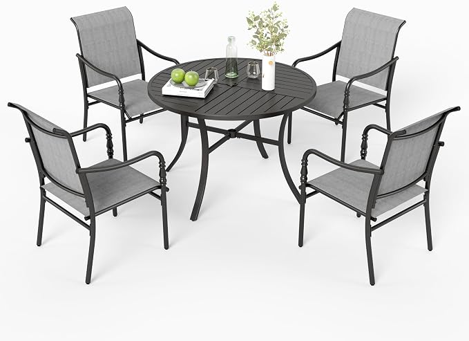 MIXPATIO 5 Piece Patio Dining Set, 4 x Textilene Dining Chairs, 42" Round Outdoor Dining Table with 1.57" Umbrella Hole, for Garden Lawn Porch and Backyard Poolside, Grey