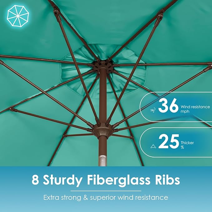 GREENVINES 9-FT-Patio-Umbrella | 8 Sturdy Fiberglass Ribs | Outdoor-Table-Umbrellas | Push Button Tilt & Crank | Waterproof | Market Umbrella | for Deck Backyard Pool Garden | Aqua