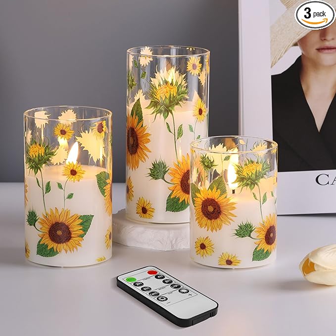 Sunflower Glass Flameless Pillar Candles with Remote, Flickering LED Battery Candles Spring Home Decor Set of 3