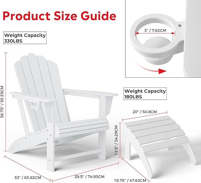 Costaelm Lakeview 2-Piece Outdoor Patio HDPE Adirondack Chair with Ottoman and Cup Holder Set, White