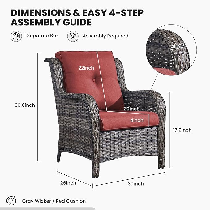 Belord Patio Chairs Set of 2-300 LBS Weight Capacity Outdoor Wicker Chairs with High Backrest Removable Cushion, All Weather Outdoor Seating Rattan Dining Chairs for Porch Balcony Backyard Grey