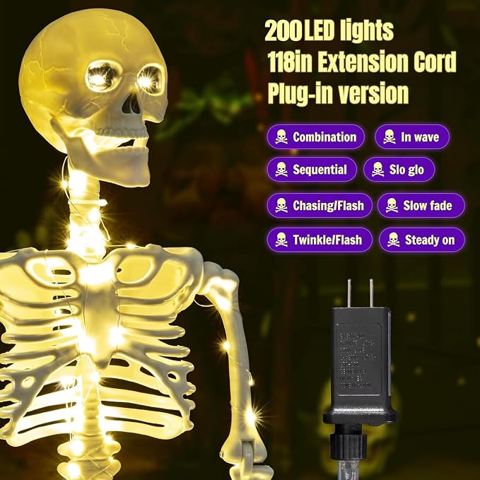 2 Pack 40 Inches Plug Operated 400 LED Light Up Halloween Skeleton Full Body Posable Movable Jonints for Halloween Decoration Décor