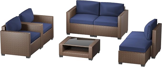 Patio Furniture Set 7 Pieces Conversation Set Wicker Outdoor Sectional Sofa,Ergonomic Armrests Couch with Cushion and Glass Table (Brown-Navy, 7 Piece-Double)