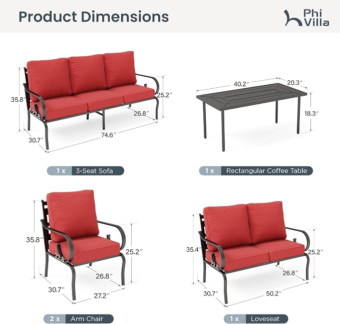 PHI VILLA Patio Furniture Set, a Loveseat, 3-Seater Sofa, 2 Fixed Chairs, and a Coffee Table, Outdoor Metal Conversation Set with 5.75" Extra Thick Cushion for Garden Backyard Deck, Red