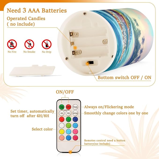 Graffiti Sea Turtle Pattern Flameless Candles Color Changing LED Candles with Remote Control Battery Candles for Outdoor and Indoor Home and Room Decoration, 3'' x 4''/5'' Set of 2 Pieces