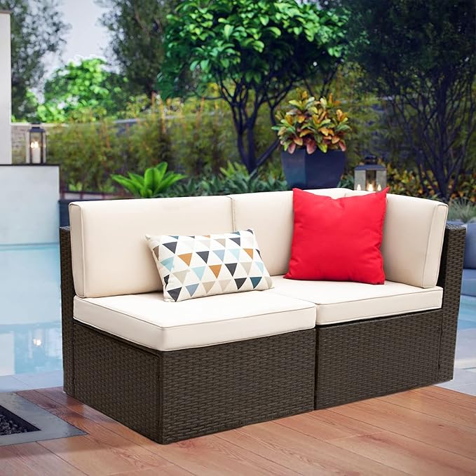 Devoko Patio Furniture Sofa Sets Outdoor All-Weather Sectional Corner Sofa and Armless Small Couch (Beige, 2 PCS Patio Sofa Set)