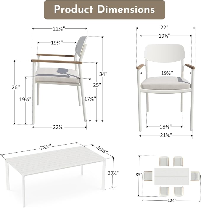 Modern Shade Luxury Outdoor Dining Set for 7, Outdoor Table and Chairs Set with Fade Resistant Cushions & FSC Teak, Premium Aluminum Patio Table and Chairs Set for Elegant Outdoor Living, White
