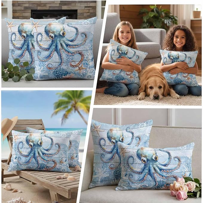 Coastal Octopus Waterproof Outdoor Pillow Covers Set of 2 Home Decor, Nautical Sea Starfish Coral Wooden Grain Pillowcase Patio Pillow Covers for Couch Bench Furniture Garden 24x24in