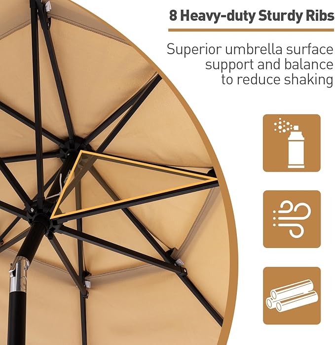 COSIEST 9FT 3 Tiers Patio Umbrella with Solar Lights, LED Outdoor Umbrellas with 8 Sturdy Ribs, Market Patio Table Umbrella with Push Button Tilt, Pool Umbrellas for Garden, Pool, Backyard