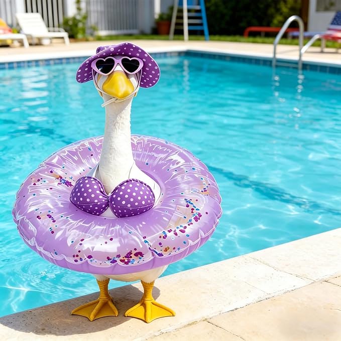 Bikini Porch Goose Outfits,Porch Goose Summer Outfits Swimsuit with Hat Sunglasses & Swim Ring,Fit 23'' Lawn Goose Statue for Summer Outdoor Garden Lawn Yard Decor (Purple)