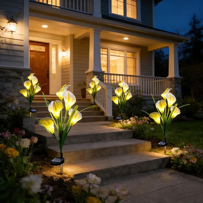 2 Packs Calla Lily Solar Flowers Outdoor Waterproof - Decorative Solar Lights Outdoor for Garden Yard Pathway, Grave Flowers for Cemetery,Mother's Day, Father's Day, Memorial Day & Heaven Birthday