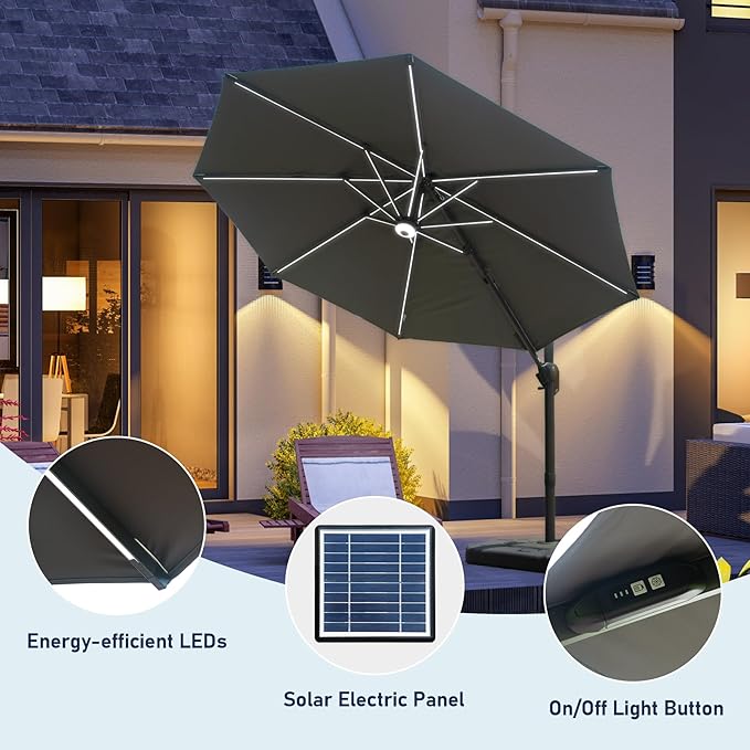 Domi 10FT Cantilever Patio Umbrella Solar Powered LED Round Deluxe Offset Umbrella, Aluminum Hanging Umbrella with 360°Rotation, Outdoor Market Umbrella for Outside Deck Backyard Garden Pool, Gray