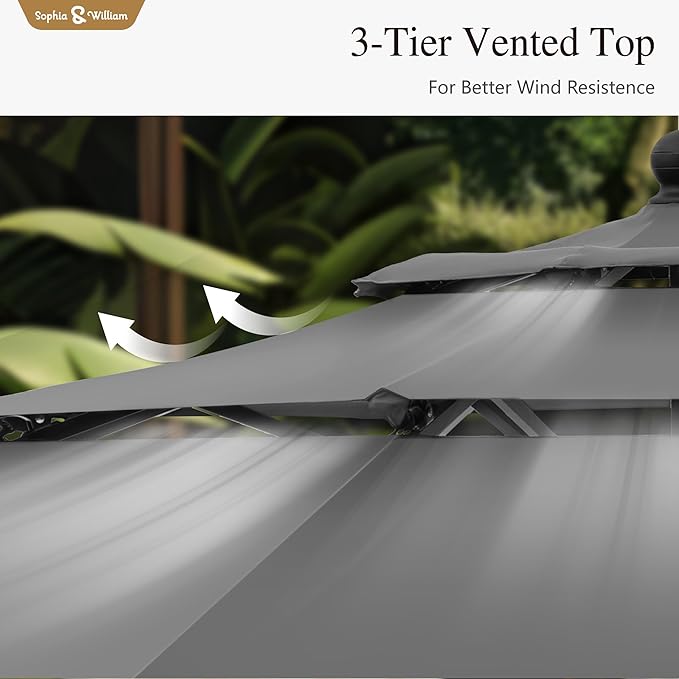 Sophia & William 10ft 3 Tier Auto-tilt Patio Umbrella,Wind Resistent,Outdoor Patio Umbrellas Double Vented Umbrella with Crank for Pool Garden Backyard, Grey