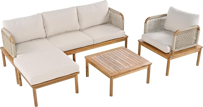 Merax Outdoor 4-Piece Acacia Wood & Rope Patio Sofa Set with Ottoman, Table & Club Chair, Water-Repellent Cushions for Garden & Patio