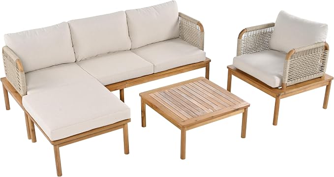 VilroCaz Outdoor 5-Piece Acacia Wood and Rope Patio Sofa Set, All-Weather Conversation Set with Coffee Table and Thick Cushions for Garden Backyard Balcony (Teak+Beige-4P)