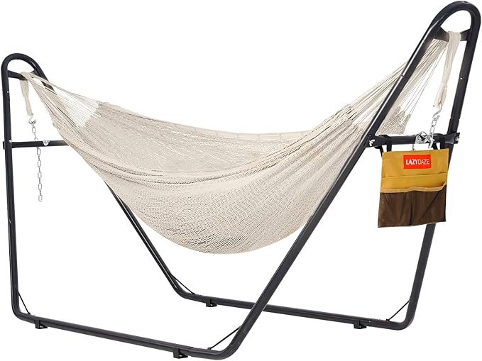 Lazy Daze Hammocks Handwoven Mayan Hammock with Heavy Duty Steel Stand, 10.5 FT Soft Rope Double Hammock for Patio Outside, 550 lbs Weight Capacity, Natural