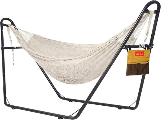 Lazy Daze Hammocks Handwoven Mayan Hammock with Heavy Duty Steel Stand, 10.5 FT Soft Rope Double Hammock for Patio Outside, 550 lbs Weight Capacity, Natural