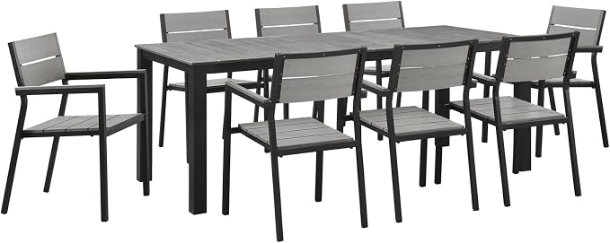 Lexmod Maine 9 Piece Outdoor Patio Dining Set in Brown Gray
