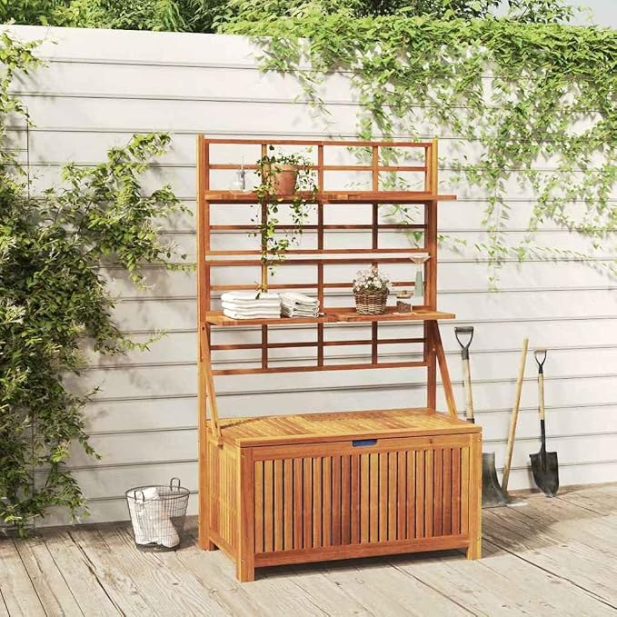 Solid Acacia Wood Patio Storage Box with Trellis, Outdoor Tool Chest with Shelves for Garden, 39x19.7x63 Inch