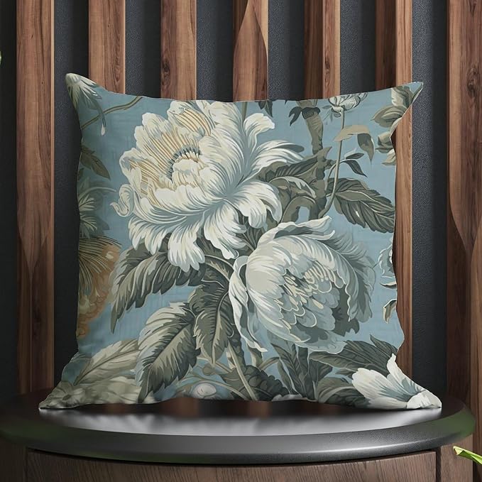 Spa On Flax Blue Chinoiserie Pillowcase Grey Peony Asian Pillowcase 18x18 INModern Accent Decorative Cushion Covers Home Decor for Living Bed Room Patio Home