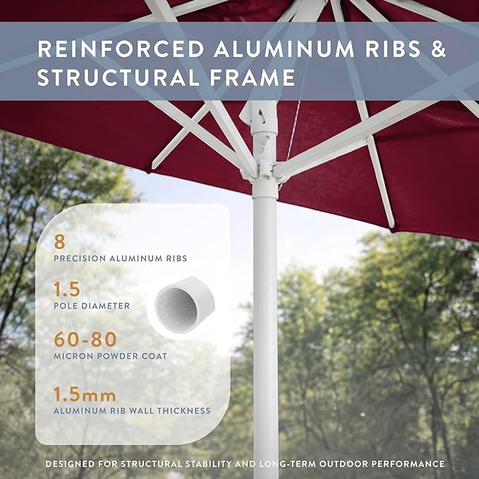 California Umbrella 10-Year Protection 9 Ft Outdoor Patio Umbrella, Pacifica Fade-Resistant Fabric, Auto-Tilt, Heavy Duty Aluminum Frame, 8 Reinforced Ribs for Pool or Deck, White Pole, Burgundy