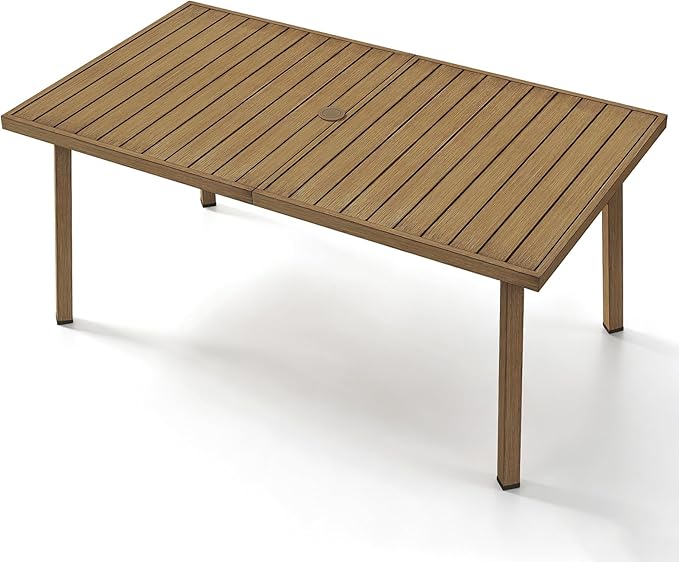 Never-Rust Aluminum Patio Dining Table, 63" x 35" Rectangular Outdoor Dining Table for 6, Outdoor Patio Table with Umbrella Hole for Backyard, Garden, Balcony, Deck, Teak