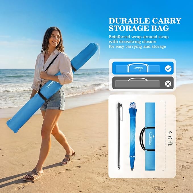UIRWAY Beach Umbrella, Heavy Duty Windproof Beach Umbrellas with Sand Anchor & Tilt, Sun Protection Portable Beach Umbrella with Carrying Bag for Beach, Patio Garden Pool Outdoor