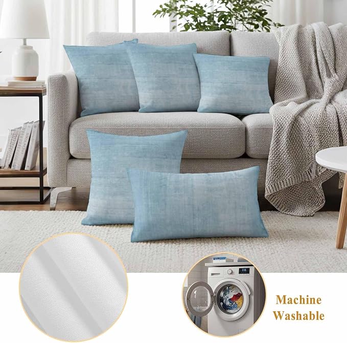 Vandarllin Outdoor Throw Pillows Covers 18x18 inch Set of 2 Waterproof Sky Blue Linen Decorative Zippered Cushion Covers for Patio Furniture, Solid Color Texture Lumbar Pillowcases