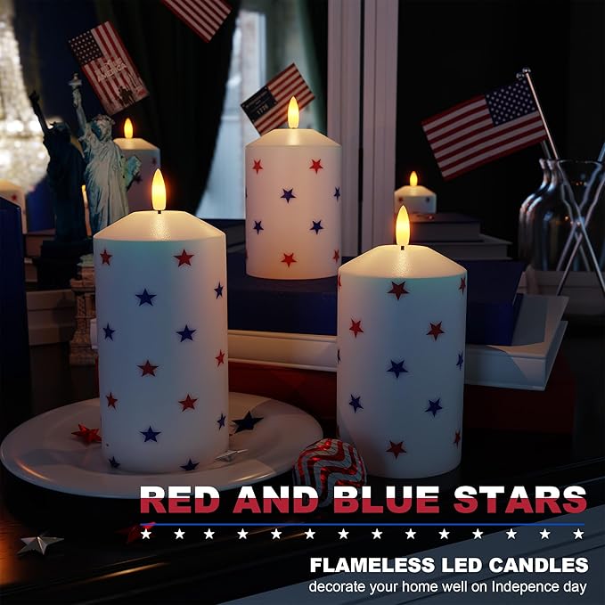 Patriotic Red White and Blue Star Candles, Real Wax 4th of July Led Candles, Flickering Flameless Candles with Remote, Memorial Day Flameless Pillar Candles for Patriotic Holiday Decor