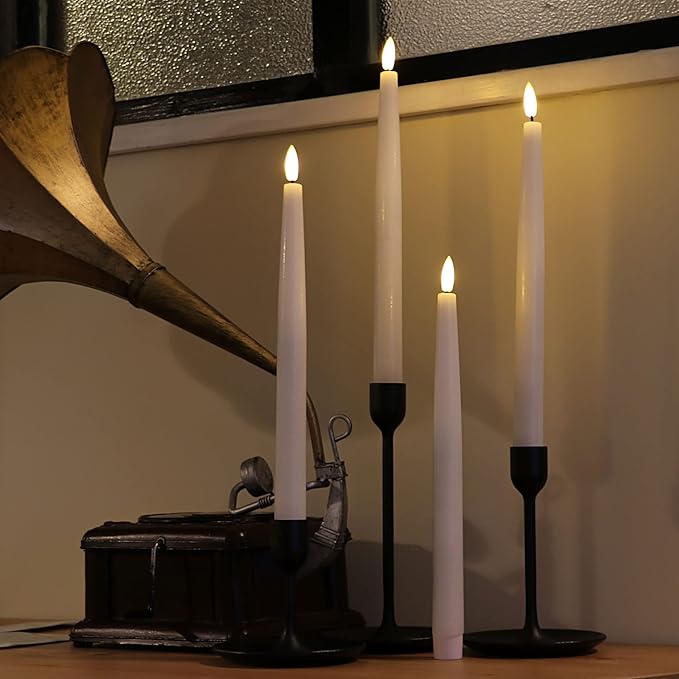 Rhytsing 11.4" Flameless Taper Candles with Timer Function, Battery Operated Dinner Tall Candlestick Rustic Wax, Warm White LED, 2 Remotes Included - Set of 6 (White)