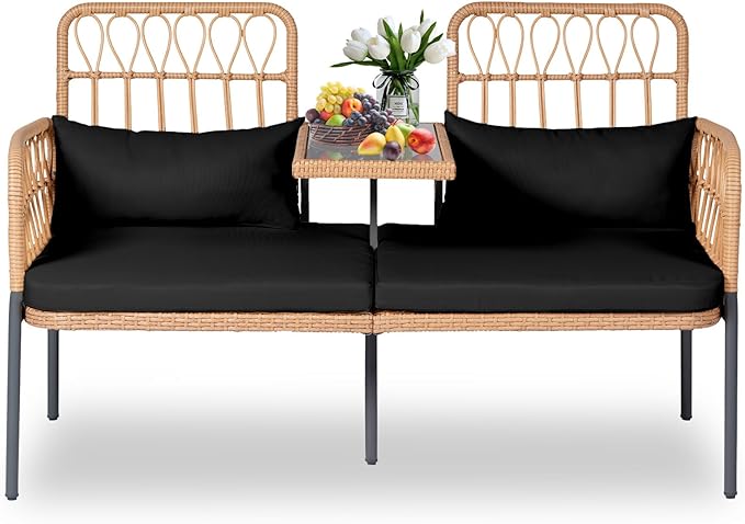 PROHIKER Patio Furniture Outdoor Rattan Loveseat 2-Seat with Built-in Table, Lumbar Pillows and Cushions, All-Weather Wicker Loveseat Porch Chairs for Balcony, Lawn, Backyard