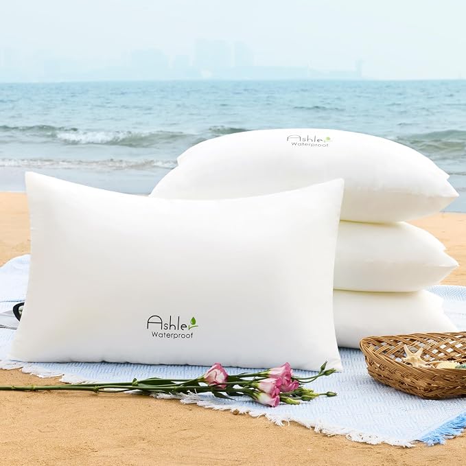 Outdoor Pillows 14 X 22 Pillow Inserts Pack of 4, Water-Resistant Decorative Premium Lumbar Pillow Stuffer Sham Waterproof Pillow for Sofa Couch, Porch Patio Living Room Bedroom Furniture