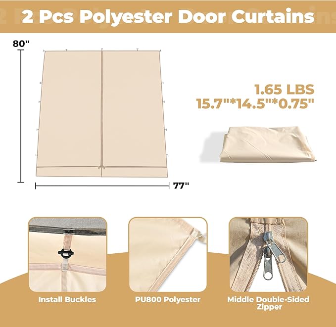 Alvantor® 2 Pcs Polyester Door Curtains, Customized Sun Shade Curtain for Instant Gazebo, Waterproof & UV Protection, Privacy, Buckle Easy Setup, for Outdoor Canopy Pergola (Tent Not Included)